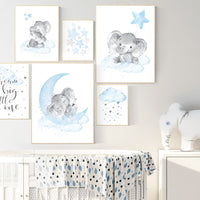Nursery decor elephant, nursery wall art boy, Blue grey, moon and stars nursery, elephant nursery art, dream big little one, boy nursery art