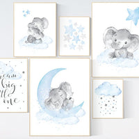 Nursery decor elephant, nursery wall art boy, Blue grey, moon and stars nursery, elephant nursery art, dream big little one, boy nursery art
