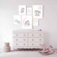 Nursery wall art girl elephant, pink grey, nursery decor girl pink, we love you to the moon and back, moon and stars, baby room decor girl