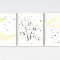 Yellow nursery decor, twinkle twinkle little star, Yellow gray, yellow grey, moon, cloud and stars nursery, gender neutral, twin nursery