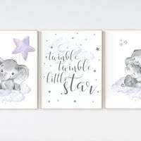 Nursery decor girl purple, nursery prints elephant, Girls room decor purple, moon and stars, lavender, star nursery, lilac nursery, cloud