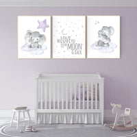 Nursery decor girl purple, nursery decor girl elephant, cloud and stars nursery wall art, nursery prints girl, lavender, lilac nursery