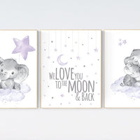 Nursery decor girl purple, nursery decor girl elephant, cloud and stars nursery wall art, nursery prints girl, lavender, lilac nursery