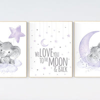 Elephant Nursery Wall Art, We Love You to the Moon and Back, Purple Baby Room Decor, Moon and Stars Prints, Unframed Baby Girl Posters