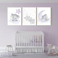 Elephant Nursery Wall Art, We Love You to the Moon and Back, Purple Baby Room Decor, Moon and Stars Prints, Unframed Baby Girl Posters