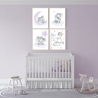 Nursery decor girl purple, nursery wall art elephant, baby room wall decor, girl nursery prints, moon, We love you to the moon and back