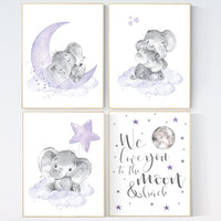 Nursery decor girl purple, nursery wall art elephant, baby room wall decor, girl nursery prints, moon, We love you to the moon and back