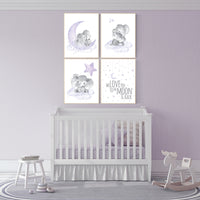 Nursery decor girl, purple nursery, nursery wall art elephant, baby room wall art, girl nursery prints, moon and stars, girl nursery art