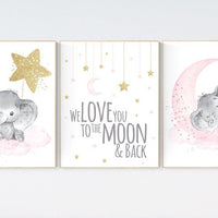 Nursery wall art girl elephant, pink and gold nursery, we love you to the moon and back, pink nursery art, cloud and stars, baby room decor