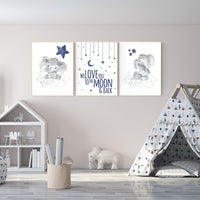 Navy nursery decor, cloud and stars, moon and stars, navy blue nursery art. baby room wall art, boy nursery decor, set of 3, nursery art