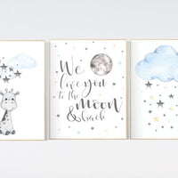 Nursery wall art giraffe, nursery decor neutral, we love you to the moon and back, moon and stars, gender neutral, blue yellow baby room