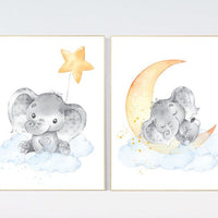 Nursery decor neutral, nursery wall art elephant, moon and stars, gender neutral, baby room decor, elephant balloon, elephant nursery