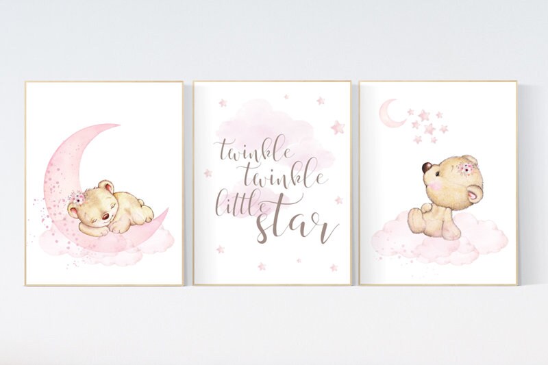 Nursery decor bear, bear nursery decor for girls, twinkle twinkle little star, girl wall art, nursery wall art girl nursery pink nursery art