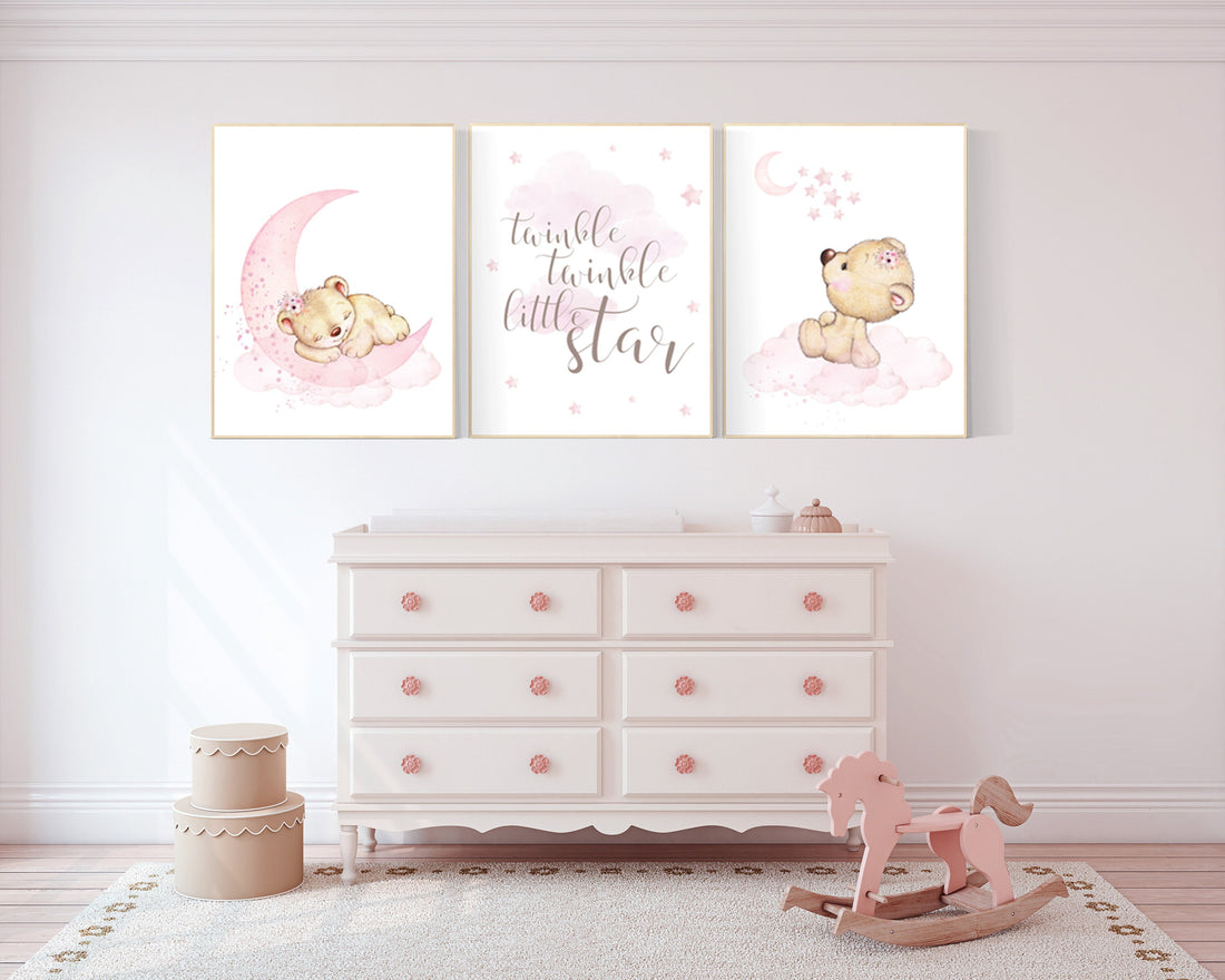 Nursery decor bear, bear nursery decor for girls, twinkle twinkle little star, girl wall art, nursery wall art girl nursery pink nursery art