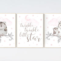 Pink nursery decor, Owl nursery wall art, baby girl room decor, twinkle twinkle little star, baby girl nursery decor, baby girl room decor