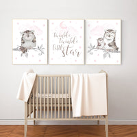 Pink nursery decor, Owl nursery wall art, baby girl room decor, twinkle twinkle little star, baby girl nursery decor, baby girl room decor