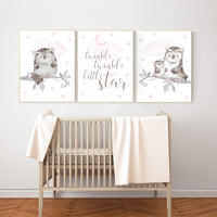 Owl print nursery, Pink nursery decor, Owl nursery wall art, baby girl room decor, twinkle twinkle little star, nursery ideas for girls