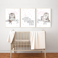 Baby girl room wall art, nursery decor girl pink and gray, owl nursery decor, pink and gray nursery, owl print for nursery, baby room art
