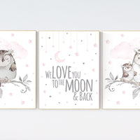 Baby girl room wall art, nursery decor girl pink and gray, owl nursery decor, pink and gray nursery, owl print for nursery, baby room art
