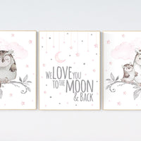 Nursery decor girl, nursery decor girl pink and gray, owl nursery decor, pink and gray nursery, owl print for nursery, baby room wall art