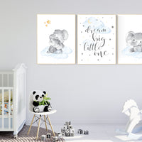 Nursery wall art elephant, moon and stars, gender neutral, baby room decor, elephant balloon, dream big little one, baby room decor ideas