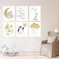 Gold nursery decor, nursery wall art neutral, elephant, giraffe, penguin, cloud stars, star nursery, dream big little one, gold baby room