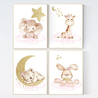 Pink and gold nursery, Nursery decor girl elephant, animal nursery, bunny nursery art, pink gold, bear nursery, giraffe baby room wall art