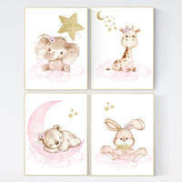 Pink and gold nursery, Nursery decor girl elephant, animal nursery, bunny nursery art, pink gold, bear nursery, giraffe baby room wall art