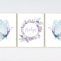 Nursery decor girl butterfly, purple turquoise, Nursery decor girl butterflies, purple mint, Butterfly Nursery Art, girl nursery name