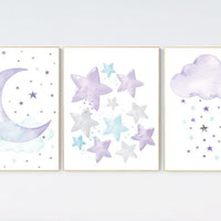 Nursery decor girl purple, turquoise, moon and stars, lilac, teal, nursery art. baby room, girl nursery decor, stars nursery, purple mint