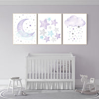 Nursery decor girl purple, turquoise, moon and stars, lilac, teal, nursery art. baby room, girl nursery decor, stars nursery, purple mint