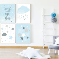 Twinkle Twinkle Little Star, Baby boy nursery decor, Blue gray nursery, boys room wall art, baby room prints, moon and star nursery, cloud