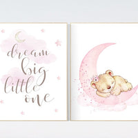 Nursery wall art bear, girl nursery decor animals, nursery decor woodland, nursery prints girl, girls room, dream big little one teddy bear