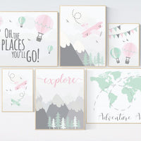 Nursery decor, adventure nursery, mountain nursery art, adventure awaits. mountain, hot air balloon, world map, Pink Mint Grey, coral mint