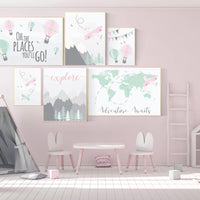 Nursery decor, adventure nursery, mountain nursery art, adventure awaits. mountain, hot air balloon, world map, Pink Mint Grey, coral mint
