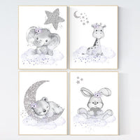 Nursery decor girl purple, Woodland animals, Nursery decor elephant, animal nursery, giraffe, bunny, bear, purple silver, baby room art