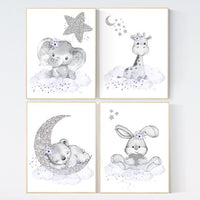 Nursery decor girl purple, Woodland animals, Nursery decor elephant, animal nursery, giraffe, bunny, bear, purple silver, baby room art