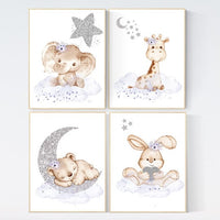 Nursery decor girl purple, giraffe, elephant, bunny, bear, purple silver, baby room art, animal nursery wall art, girl nursery, baby room