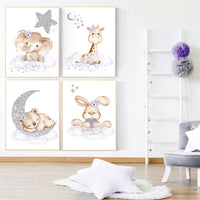 Nursery decor girl purple, giraffe, elephant, bunny, bear, purple silver, baby room art, animal nursery wall art, girl nursery, baby room