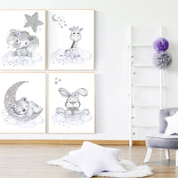 Nursery decor girl purple, Woodland animals, Nursery decor elephant, animal nursery, giraffe, bunny, bear, purple silver, baby room art