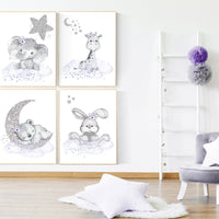 Nursery decor girl purple, Woodland animals, Nursery decor elephant, animal nursery, giraffe, bunny, bear, purple silver, baby room art