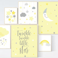Nursery decor girl yellow, yellow gray nursery wall art, moon cloud star, baby room decor for twin, moon nursery decor, yellow nursery
