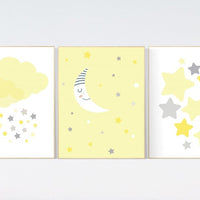 Yellow gray nursery wall art, Nursery decor girl yellow, moon cloud star, baby room decor for twin, moon nursery decor, gender neutral, twin