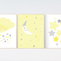 Yellow gray nursery wall art, Nursery decor girl yellow, moon cloud star, baby room decor for twin, moon nursery decor, gender neutral, twin