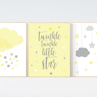 Yellow gray nursery wall art, Nursery decor girl yellow, moon cloud star, baby room decor for twin, moon nursery decor, gender neutral, twin