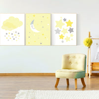 Yellow gray nursery wall art, Nursery decor girl yellow, moon cloud star, baby room decor for twin, moon nursery decor, gender neutral, twin