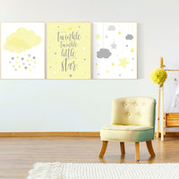 Yellow gray nursery wall art, Nursery decor girl yellow, moon cloud star, baby room decor for twin, moon nursery decor, gender neutral, twin