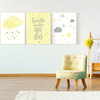 Yellow gray nursery wall art, Nursery decor girl yellow, moon cloud star, baby room decor for twin, moon nursery decor, gender neutral, twin