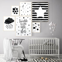 Black and white nursery decor, baby room decor gender neutral, Nursery wall art black and white, cloud and stars, black white nursery art