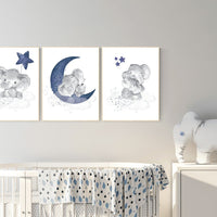 Navy nursery decor, moon and stars, navy blue nursery art. baby room wall art, boy nursery decor, set of 3, nursery prints boy, elephant art